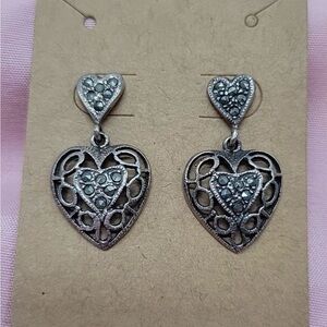 Vintage Sterling Silver Marcasite Filigree Heart Dangle Stud Earrings